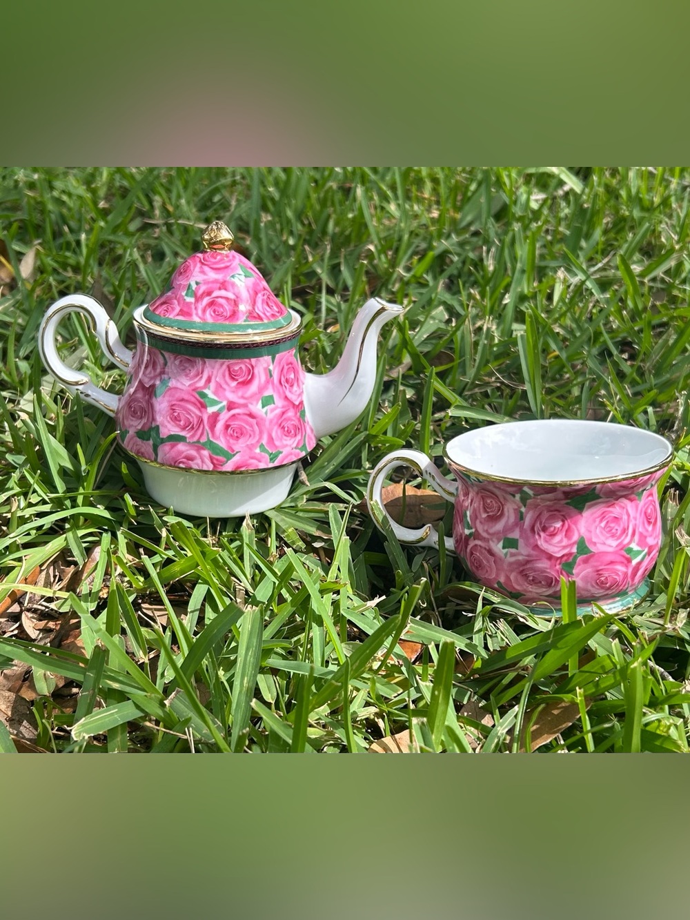 Ganz Rose Floral Pink Porcelain Teapot and Teacup Set for One